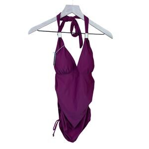 NWT Womens Purple Tankini Size Medium V-neck Padded Necktie Back Cutout Swim Top